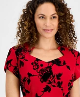 Connected Petite Queen-Anne-Neck Floral-Print Sheath Dress