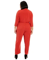 London Times Plus Looped-Neck 3/4-Sleeve Jumpsuit