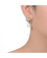 Genevive 14k Yellow Gold Plated with Baroque Oval Genuine Freshwater White Pearl Coral Reef Dangle Earrings in Sterling Silver