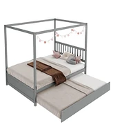 Gymax Full Canopy Bed with Trundle Wooden Platform Frame Headboard Grey