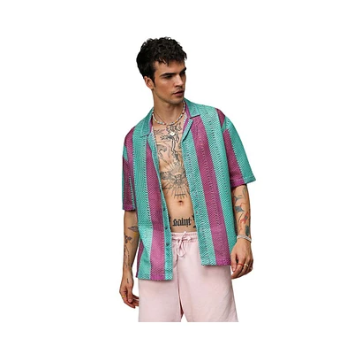 Campus Sutra Men's Mint Green & Plum Purple Balanced Striped Oversized Shirt