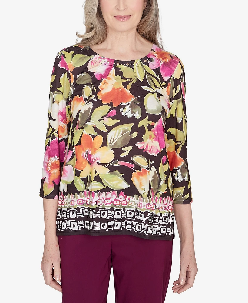 Alfred Dunner Petite Classics Bold Floral Geometric Border Top