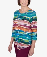 Alfred Dunner Petite Classics Watercolor Biadere Top with Necklace