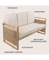 Jonathan Y Arwen Modern Bohemian Roped Acacia Wood Outdoor Loveseat with Cushions