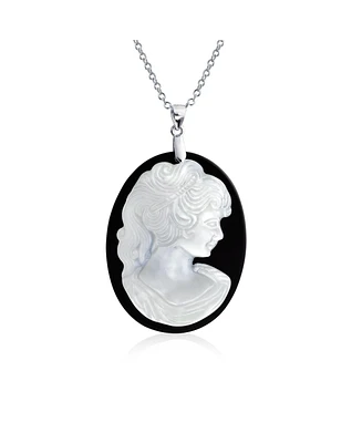 Bling Jewelry Classic Antique Victorian Black White Carved Women Portrait Cameo Pendant Necklace For Women Sterling Silver