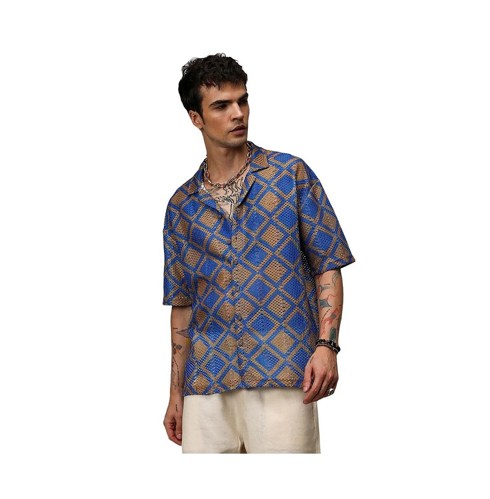 Campus Sutra Men's Royal Blue & Mocha Brown Geometric Block Oversized Shirt