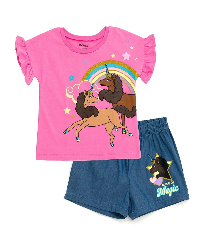 Afro Unicorn Toddler Girls T-Shirt and Chambray Shorts Outfit Set to