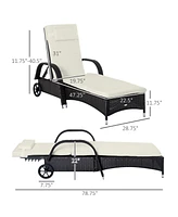 Adjustable Rattan Chaise Lounge with Cushion and Wheels