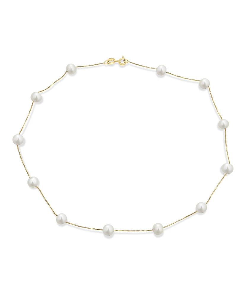Bling Jewelry Tin Cup White Freshwater Cultured 7MM Pearl Chain Station Pearls Necklace Yellow Gold Plated .925 Sterling Silver