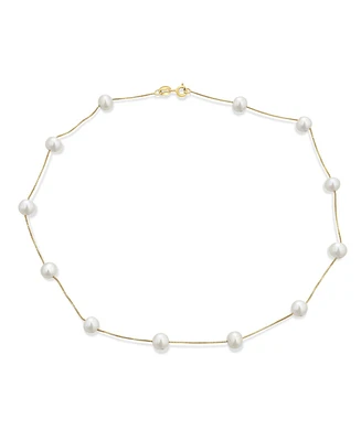 Bling Jewelry Tin Cup White Freshwater Cultured 7MM Pearl Chain Station Pearls Necklace Yellow Gold Plated .925 Sterling Silver