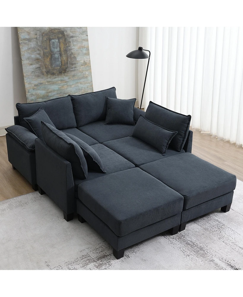 Streamdale Furniture Corduroy Sectional Sofa Bed with Ottomans & Arm Pillows