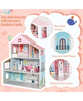 Costway Wooden Dollhouse For Kids 3-Tier Toddler Doll House W/Furniture Gift For Age 3+