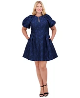 Vince Camuto Plus Puff-Sleeve Jacquard Fit & Flare Dress