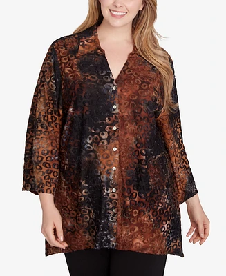 Ruby Rd. Plus Size Button Front Stand Collar Tie Dyed Spots Jacquard Shirt