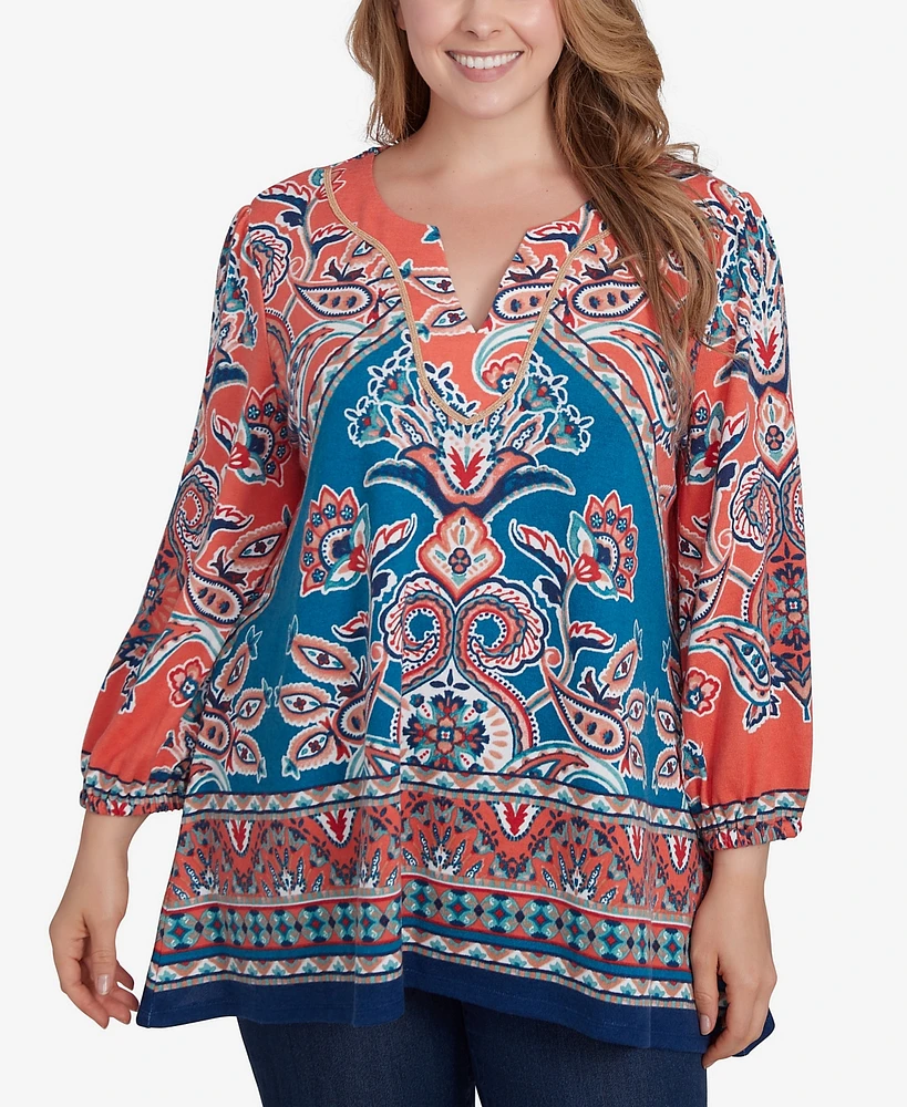 Ruby Rd. Plus Size Embellished Split Neck Baroque Motif Printed Hatchi Knit Top