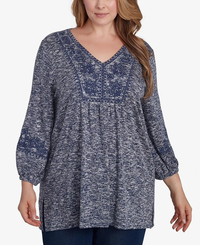 Ruby Rd. Plus Size Embroidered V-Neck Hatchi Spacedye Knit Top with Balloon Sleeves