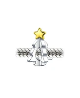 Bling Jewelry Festive Shining Star Decorated Holiday Christmas Tree Charm Bead Two Tone 14K Plated Oxidized Sterling Silver For Charm Bracelet For Wom