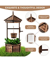 Skonyon Rustic Wooden Wishing Well with Adjustable Hanging Bucket-Brown