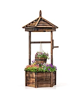 Skonyon Rustic Wooden Wishing Well with Adjustable Hanging Bucket-Brown