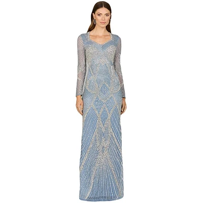 Lara Women's Lara- V Neck Beaded Long Sleeve Dress