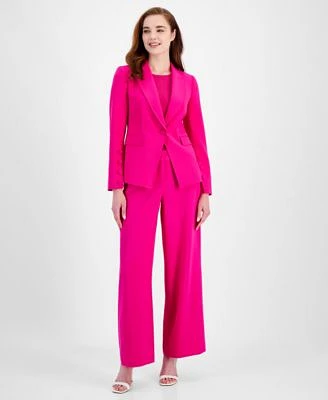 Tahari Asl Womens Single Button Peak Lapel Blazer Short Sleeve Ribbed Top Wide Leg Mid Rise Pants