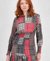 Nautica Jeans Women's Plaid Smocked Long-Sleeve Midi Dress