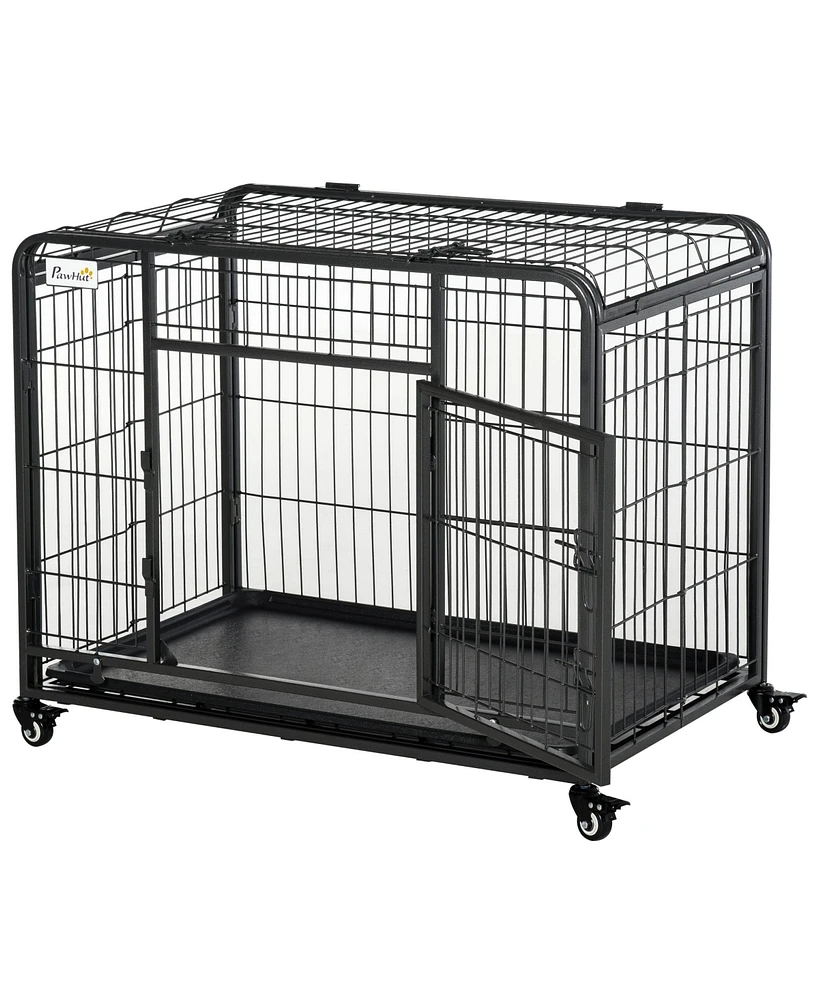 Streamdale Furniture Folding Metal Dog Crate with Tray, Cover, and Locking Wheels