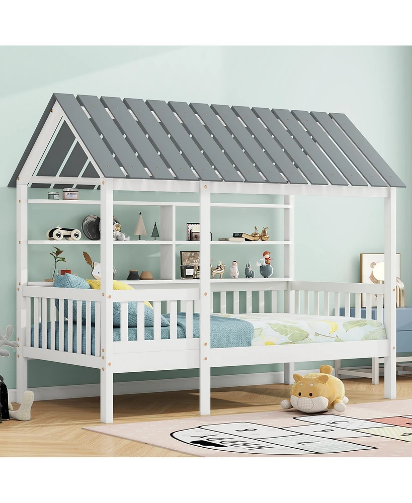 Streamdale Furniture Twin Kids House Bed with Roof, Rails, Shelves (Arriving 8/18)