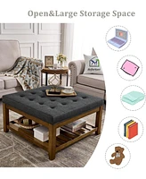 Simplie Fun Linen-Tufted Coffee Table Ottoman with Beechwood Shelf and Frame