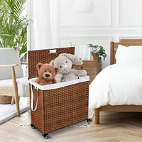 Brown Rattan Laundry Hamper with Lid, Removable Bags, and Wheels