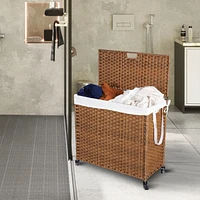 Streamdale Furniture Brown Rattan Laundry Hamper with Lid, Removable Bags, and Wheels