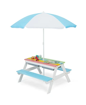 Costway 3-in-1 Kids Picnic Table Wooden Outdoor Sand & Water withUmbrella Play Boxes