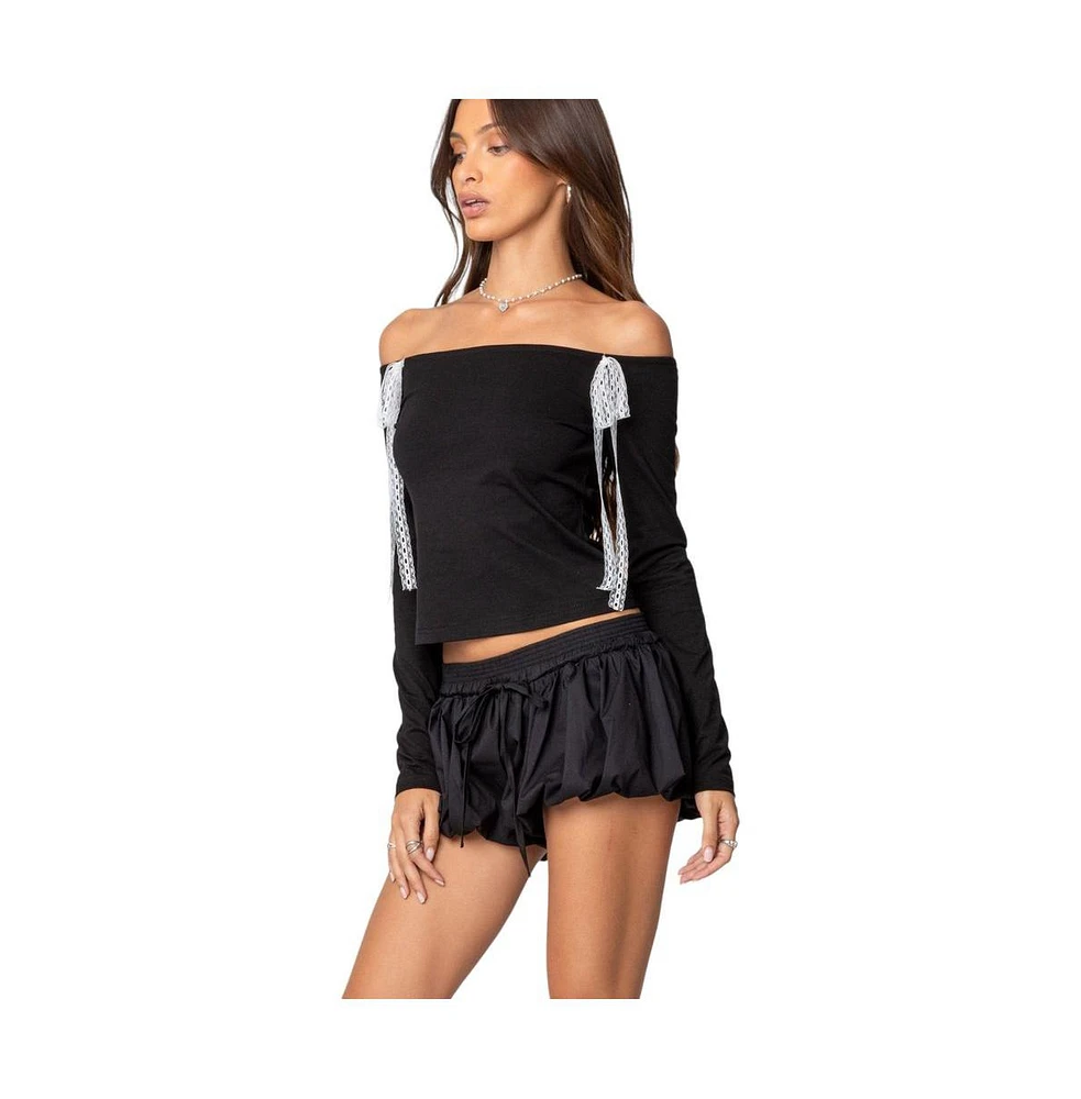 Edikted Women's Lace Bow Off Shoulder Top