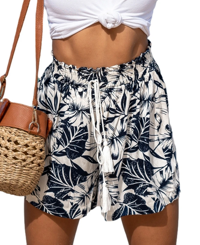 Cupshe Women's Navy & White Smocked Waist Tassel Tie Shorts