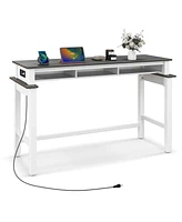 Costway Bar Table with Power Outlets Counter Height Storage Compartments Wooden