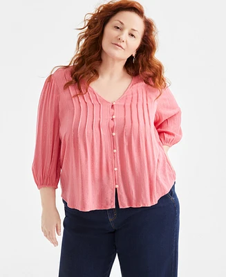 Style & Co Plus Pintuck-Front 3/4-Sleeve Blouse, Exclusively at Macy's