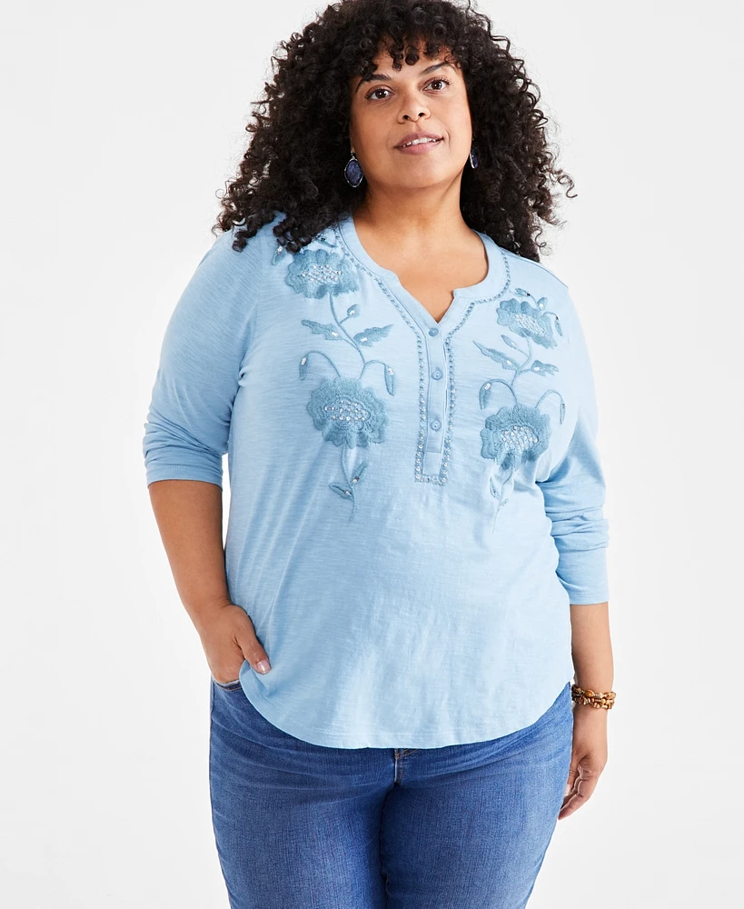 Style & Co Plus Embroidered 3/4-Sleeve Top, Created for Macy's