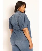 Eloquii Women's Puff Sleeve Chambray Tie Neck Top