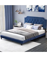 Sugift Queen Size Velvet Platform Bed with Button Tufted and Nailhead Trim Headboard