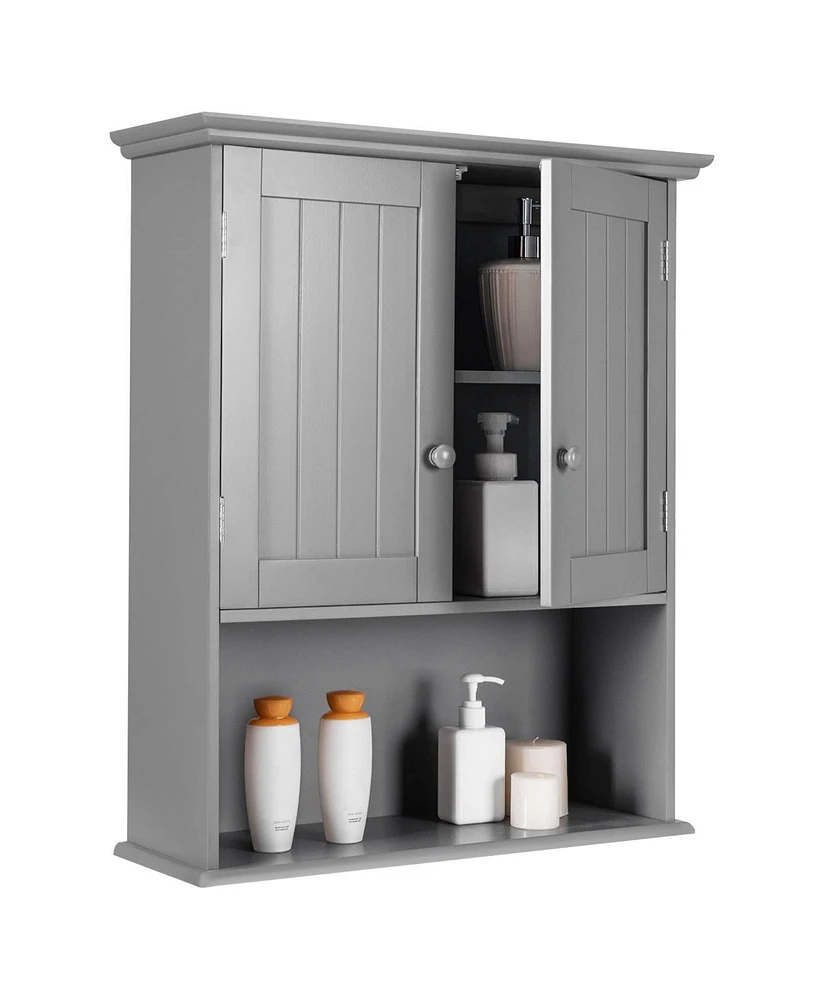 Sugift Wall Mount Bathroom Cabinet Storage Organizer with Doors and Shelves-Gray