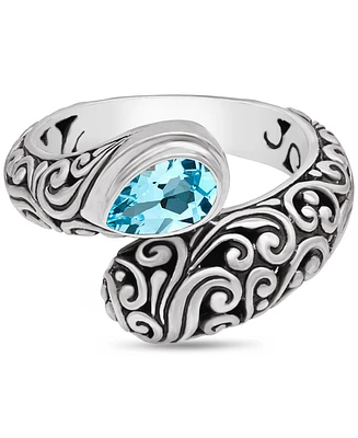 Devata Swiss Blue Topaz & Bali Filigree Ring in Sterling Silver, Size 10