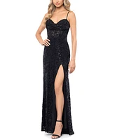 Blondie Nites Juniors' Sequin-Detailed Slit-Hem Gown