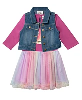 Rare Editions Little Girls One-Piece Mesh Skirt Dress with Denim Vest, 2-Pieces