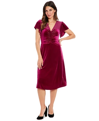 London Times Petite Velvet Flutter-Sleeve Ruched Dress