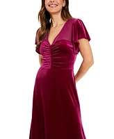 London Times Petite Velvet Flutter-Sleeve Ruched Dress