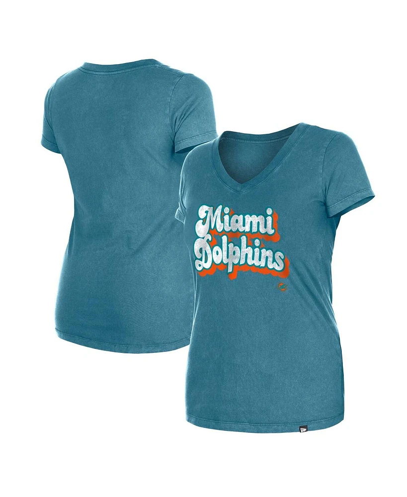 New Era Women's Aqua Miami Dolphins Enzyme Wash Low V-Neck T-Shirt