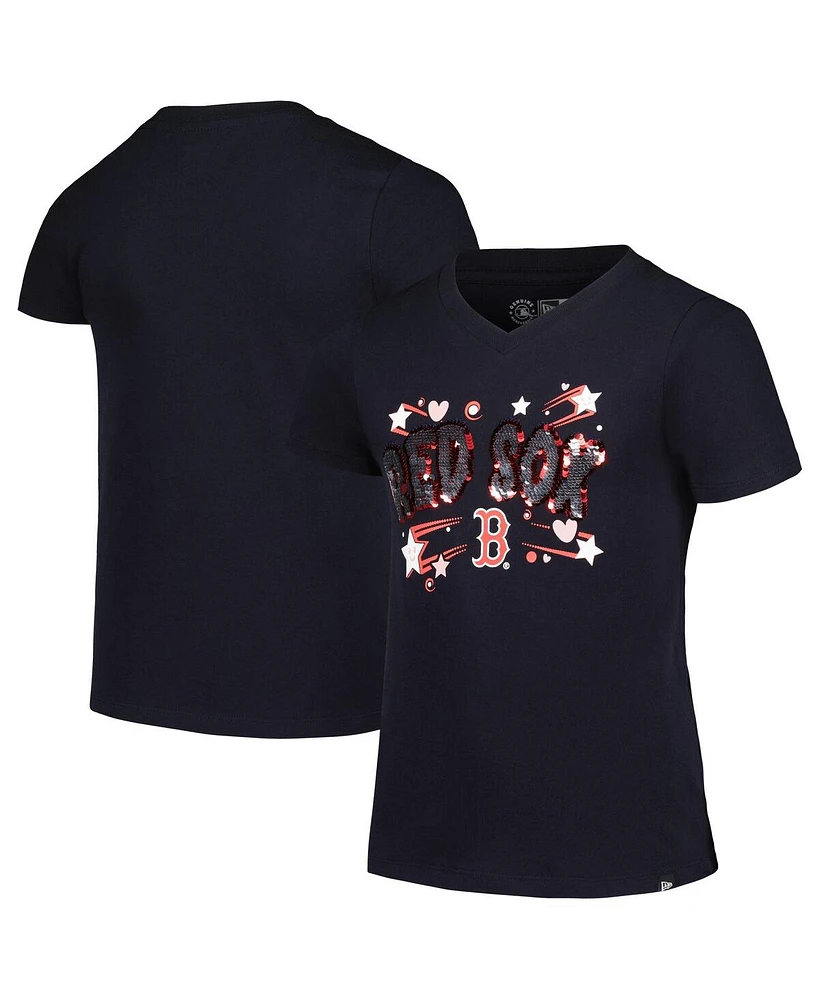 New Era Big Girls Navy Boston Red Sox Sequin V-Neck T-Shirt