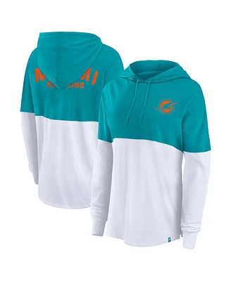 Fanatics Women's Aqua/White Miami Dolphins Backup Option Long Sleeve Hoodie T-Shirt