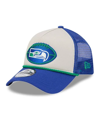 New Era Men's Stone/Royal Seattle Seahawks 2024 Sideline Historic 9FORTY A-Frame Trucker Adjustable Hat