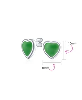 Bling Jewelry Heart Shaped Stud Earrings: Women Sterling Silver Bezel Set Green Natural Jade